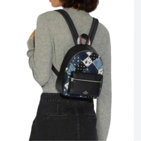 Coach Charlie Mini Americana Denim Pattern Patchwork Studded Rhinestone Backpack - Picture 2 of 10